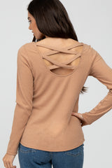 Camel Ribbed Crisscross Long Sleeve Top