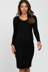 Black Ribbed Fitted Long Sleeve Maternity Dress