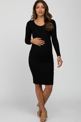 Black Ribbed Fitted Long Sleeve Maternity Dress