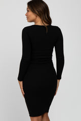 Black Ribbed Fitted Long Sleeve Maternity Dress