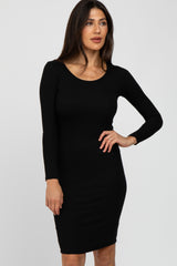 Black Ribbed Fitted Long Sleeve Maternity Dress