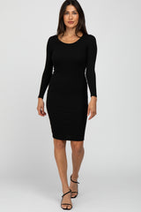 Black Ribbed Fitted Long Sleeve Dress