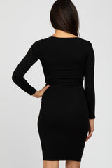 Black Ribbed Fitted Long Sleeve Dress