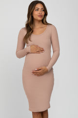 Light Pink Ribbed Fitted Long Sleeve Maternity Dress