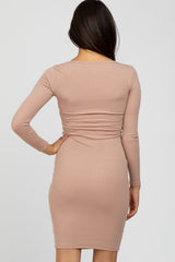 Light Pink Ribbed Fitted Long Sleeve Dress