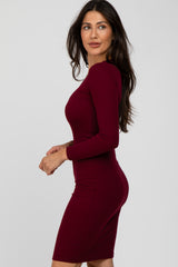 Burgundy Ribbed Fitted Long Sleeve Dress