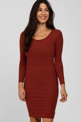 Rust Ribbed Fitted Long Sleeve Dress