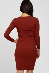 Rust Ribbed Fitted Long Sleeve Dress