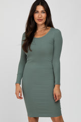 Olive Ribbed Fitted Long Sleeve Dress