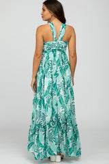 Green Palm Print Halter Neck Maternity Maxi Dress