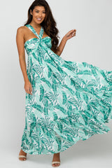 Green Palm Print Halter Neck Maternity Maxi Dress