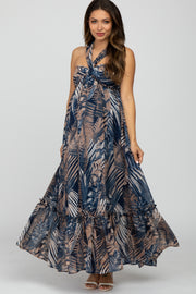 Navy Palm Print Halter Neck Maternity Maxi Dress