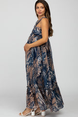 Navy Palm Print Halter Neck Maternity Maxi Dress