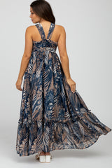 Navy Palm Print Halter Neck Maternity Maxi Dress