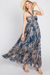 Navy Palm Print Halter Neck Maternity Maxi Dress