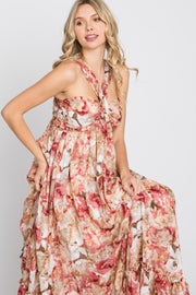 Pink Floral Burnout Halter Neck Gown