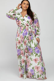 Ivory Floral Chiffon Plus Maxi Dress