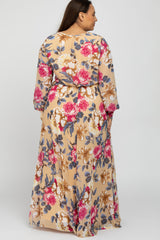 Beige Floral Chiffon Plus Maxi Dress