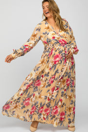 Beige Floral Chiffon Maternity Plus Maxi Dress