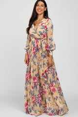 Beige Floral Chiffon Maternity Maxi Dress