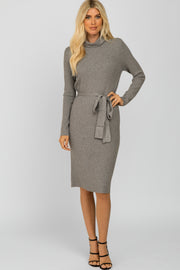 Grey Ribbed Turtleneck Sweater Dress