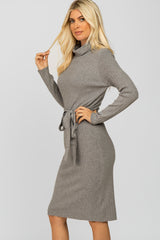 Grey Ribbed Turtleneck Sweater Dress