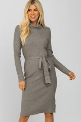 Grey Ribbed Turtleneck Sweater Dress