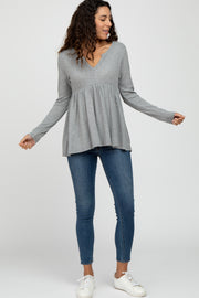 Grey Knit Split Neckline Long Sleeve Top