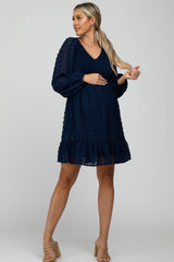 Navy Swiss Dot Smocked Maternity Baby Doll Dress