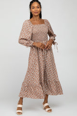 Rust Floral Smocked Tie Sleeve Ruffle Hem Dress