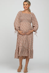 Rust Floral Smocked Tie Sleeve Ruffle Hem Maternity Dress