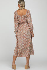 Rust Floral Smocked Tie Sleeve Ruffle Hem Maternity Dress