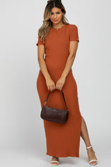 Rust Ribbed Side Slit Maxi Dress