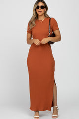 Rust Ribbed Side Slit Maxi Dress