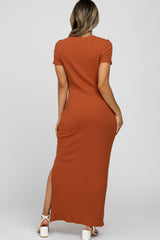 Rust Ribbed Side Slit Maxi Dress