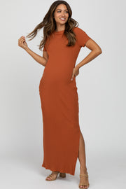 Rust Ribbed Side Slit Maternity Maxi Dress