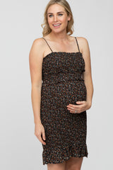 Black Ditsy Floral Smocked Fitted Maternity Dress