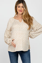 Taupe Floral Print Balloon Sleeve Maternity Top