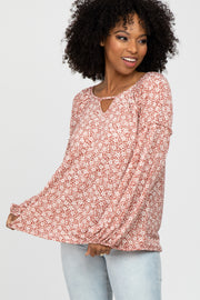 Rust Floral Print Balloon Sleeve Top