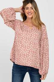 Rust Floral Print Balloon Sleeve Maternity Top