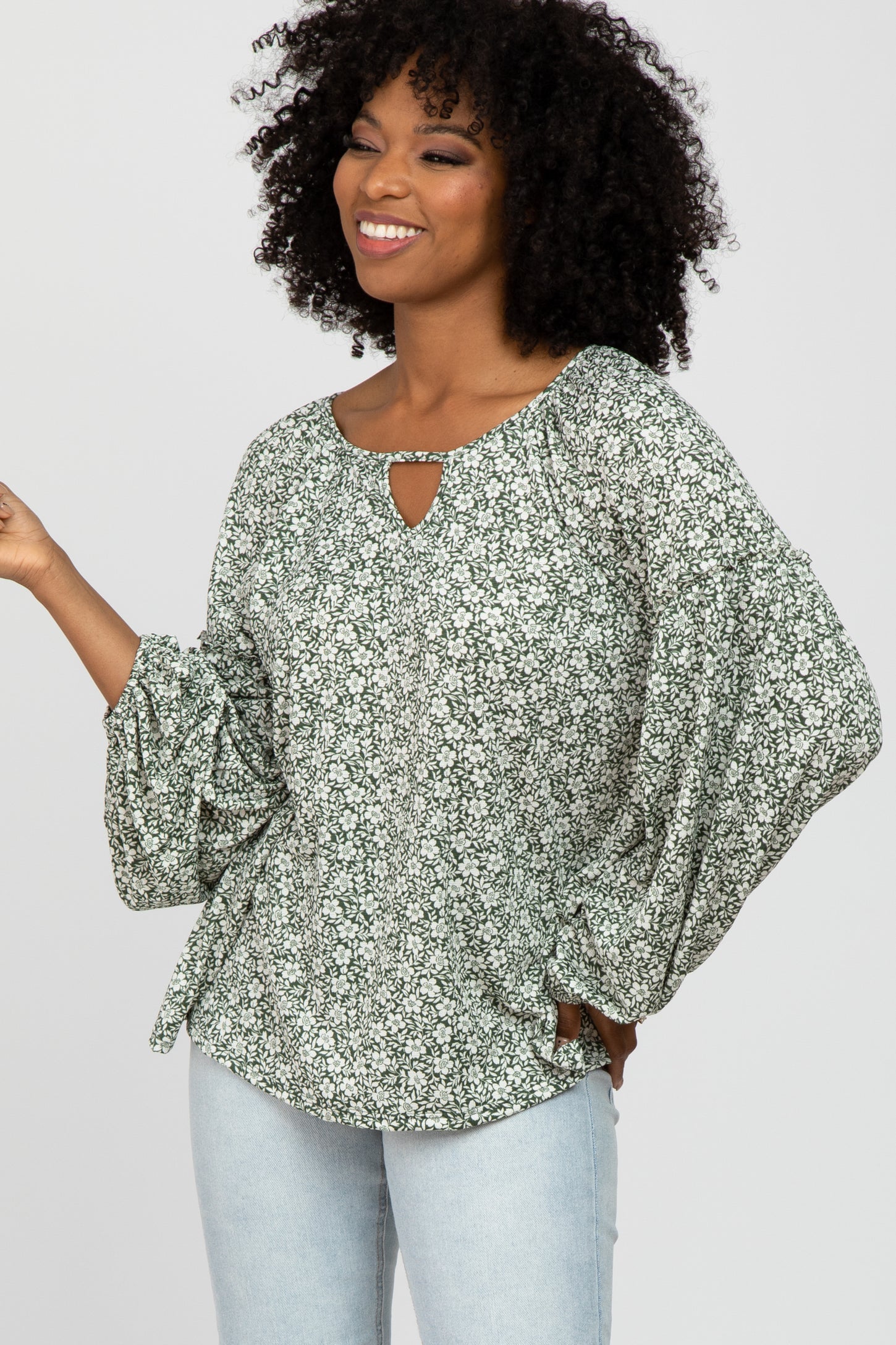 Olive Floral Print Balloon Sleeve Maternity Top– PinkBlush