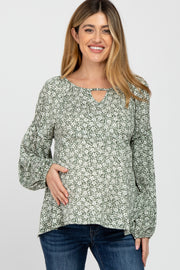 Olive Floral Print Balloon Sleeve Maternity Top