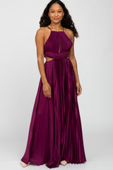 Burgundy Pleated Satin Cutout Gown