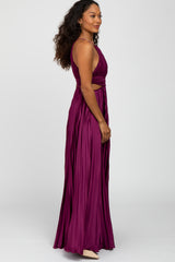 Burgundy Pleated Satin Cutout Gown