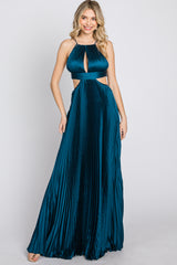 Dark Teal Pleated Satin Cutout Gown