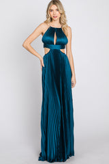 Dark Teal Pleated Satin Cutout Gown