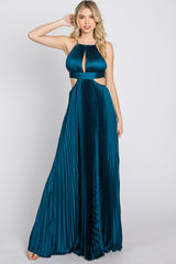 Dark Teal Pleated Satin Cutout Gown