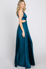 Dark Teal Pleated Satin Cutout Gown