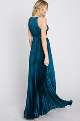 Dark Teal Pleated Satin Cutout Gown