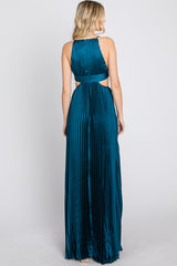 Dark Teal Pleated Satin Cutout Gown